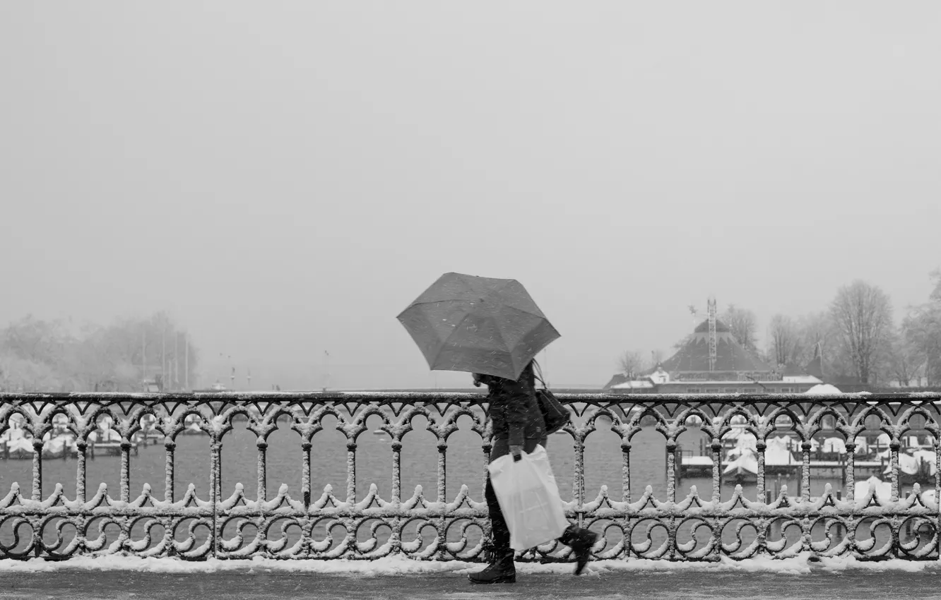 Photo wallpaper winter, snow, bridge, fog, river, umbrella, people