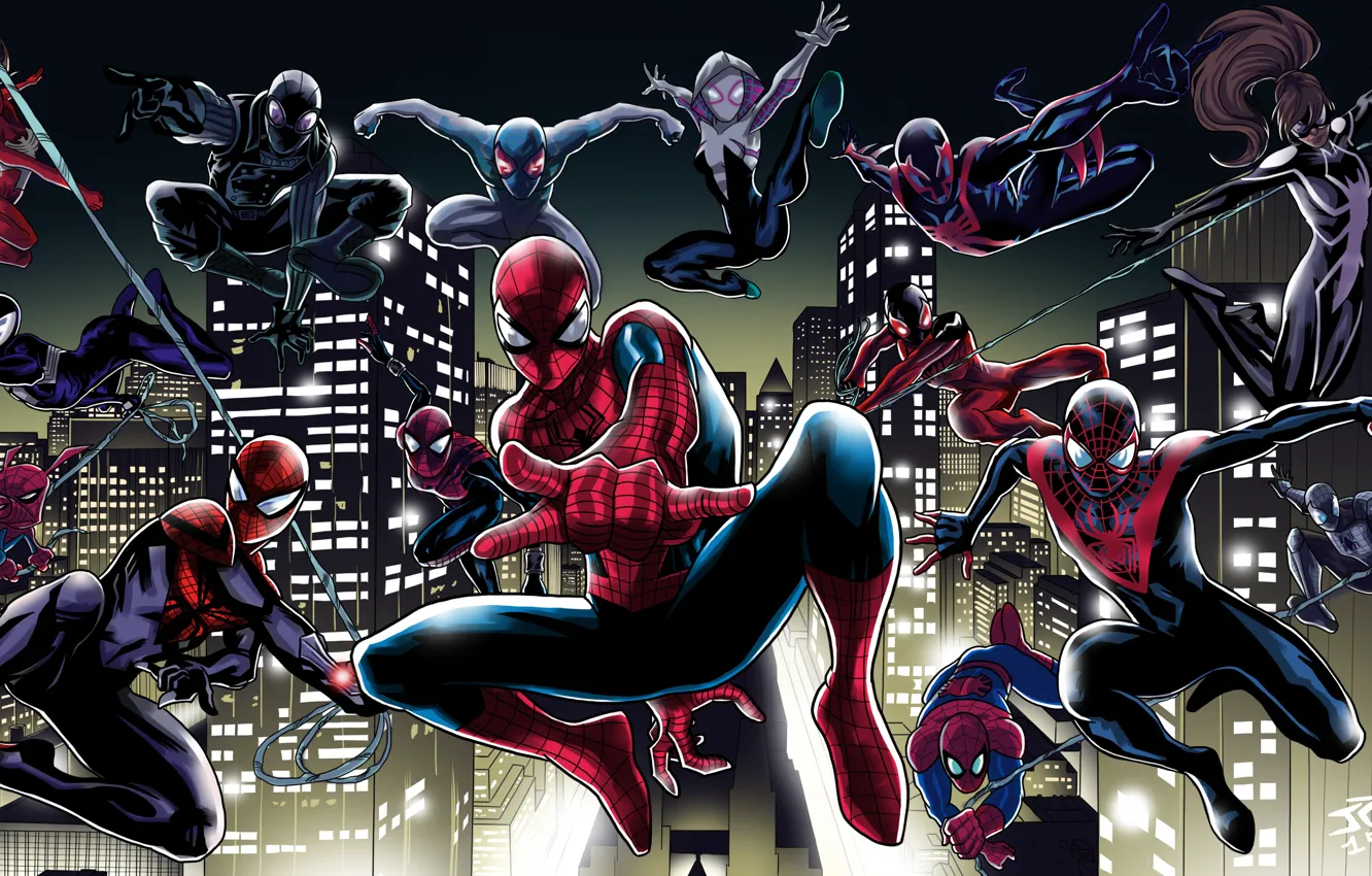 Photo wallpaper art, poster, characters, Marvel, comic, Spider-Man, Spider-man: universes, Spider-Man: Into the Spider-Verse
