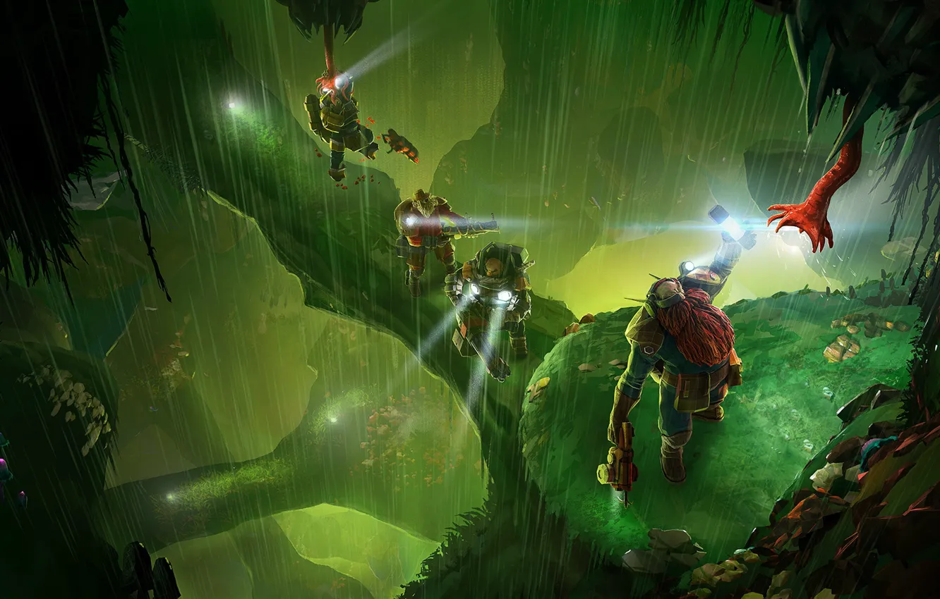 Photo wallpaper greens, rain, lights, cave, Deep Rock Galactic