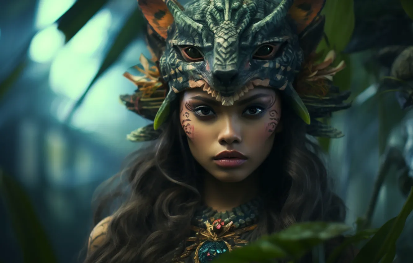 Photo wallpaper girl, makeup, brunette, mask, image, painting, savage, AI art