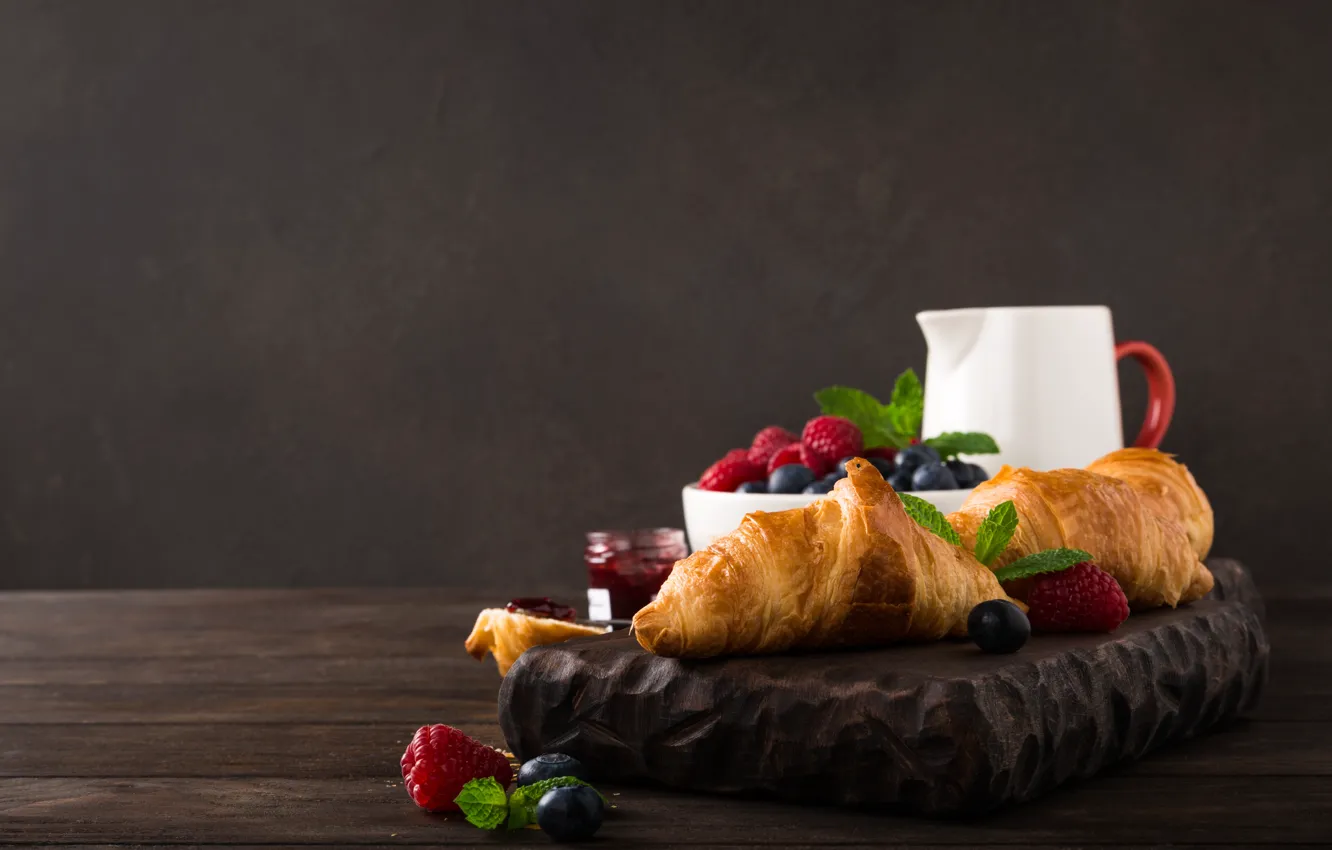 Photo wallpaper berries, food, Breakfast, croissant