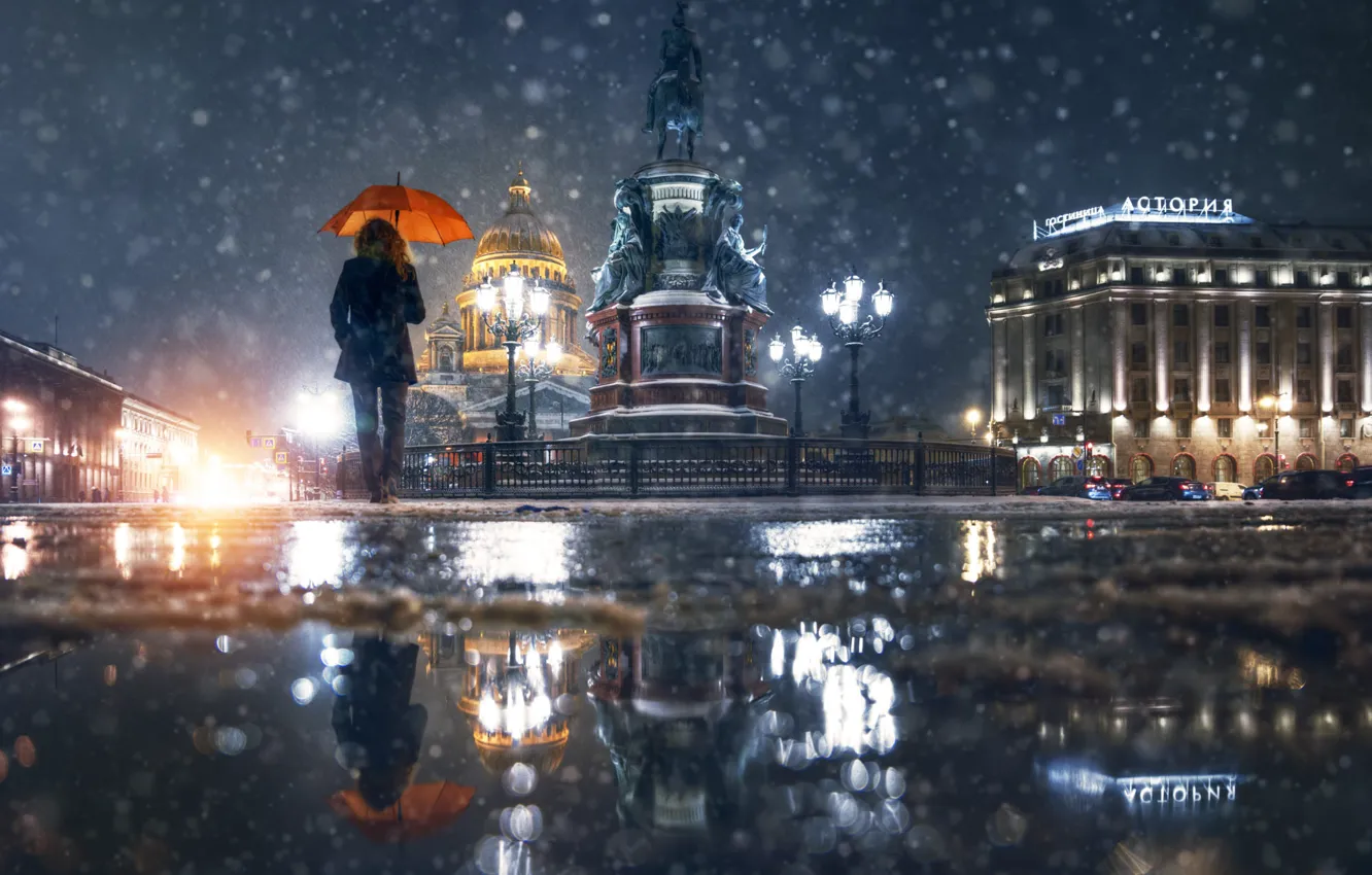 Photo wallpaper girl, snow, the city, building, the evening, Peter, lighting, lights