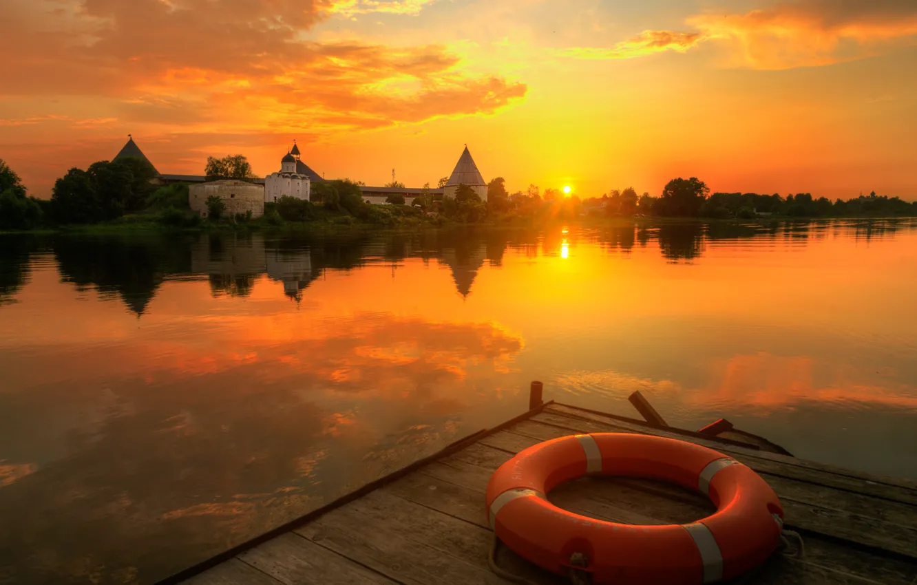 Photo wallpaper the sun, landscape, nature, river, dawn, village, morning, pier