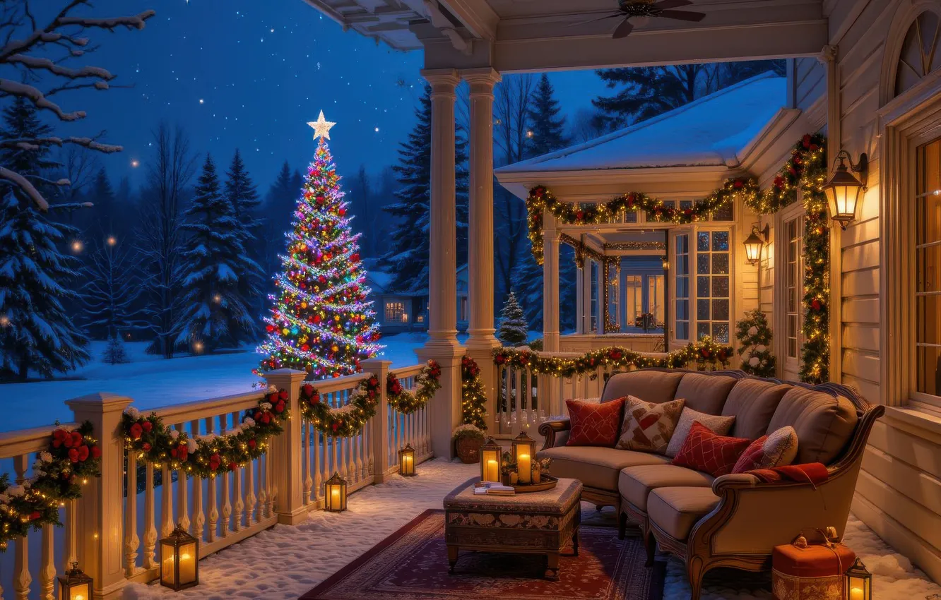 Photo wallpaper winter, roof, forest, snow, night, lights, lights, room