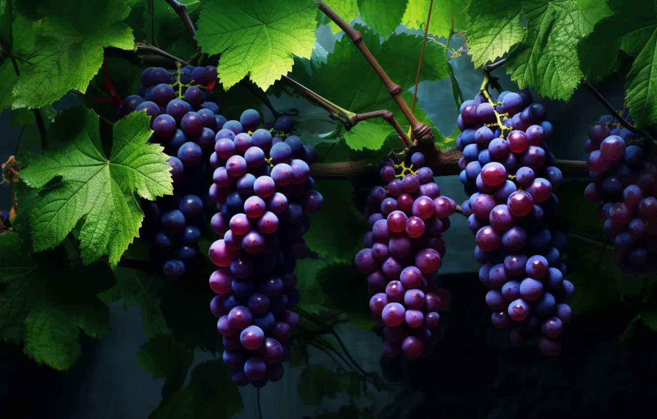 Photo wallpaper leaves, nature, harvest, grapes, vineyard, hanging, bunches of grapes, bunch of grapes
