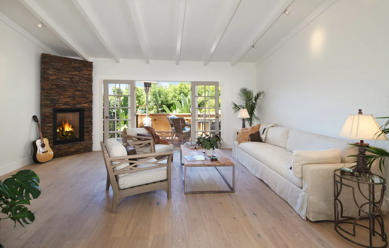 Photo wallpaper sofa, furniture, guitar, balcony, fireplace, Design, living room, Interior
