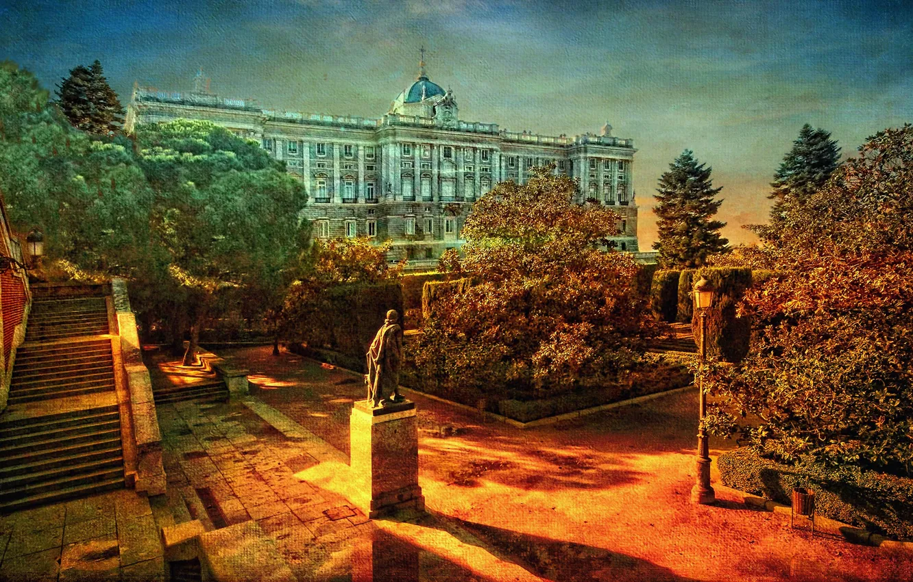 Photo wallpaper autumn, the sky, trees, Park, building, home, monument, stage