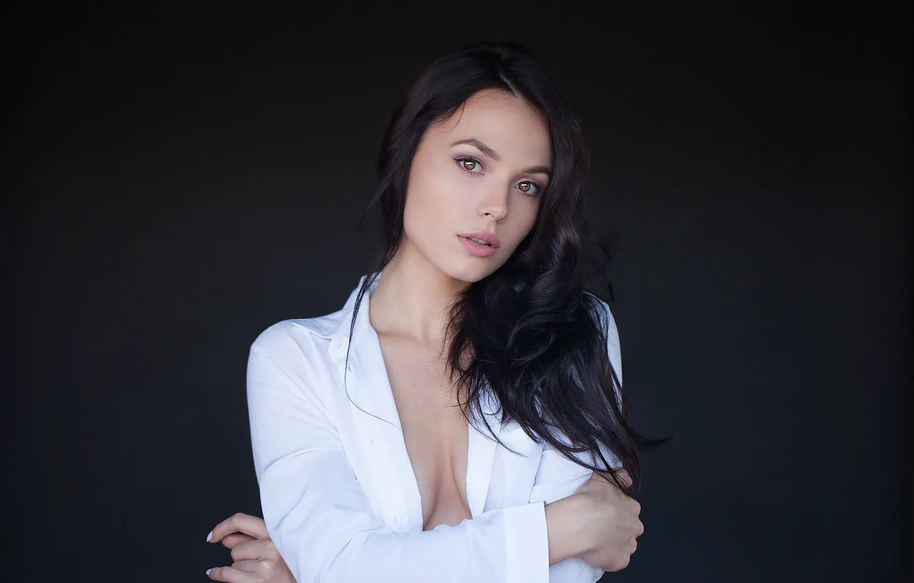 Photo wallpaper white, look, pose, model, portrait, makeup, brunette, hairstyle