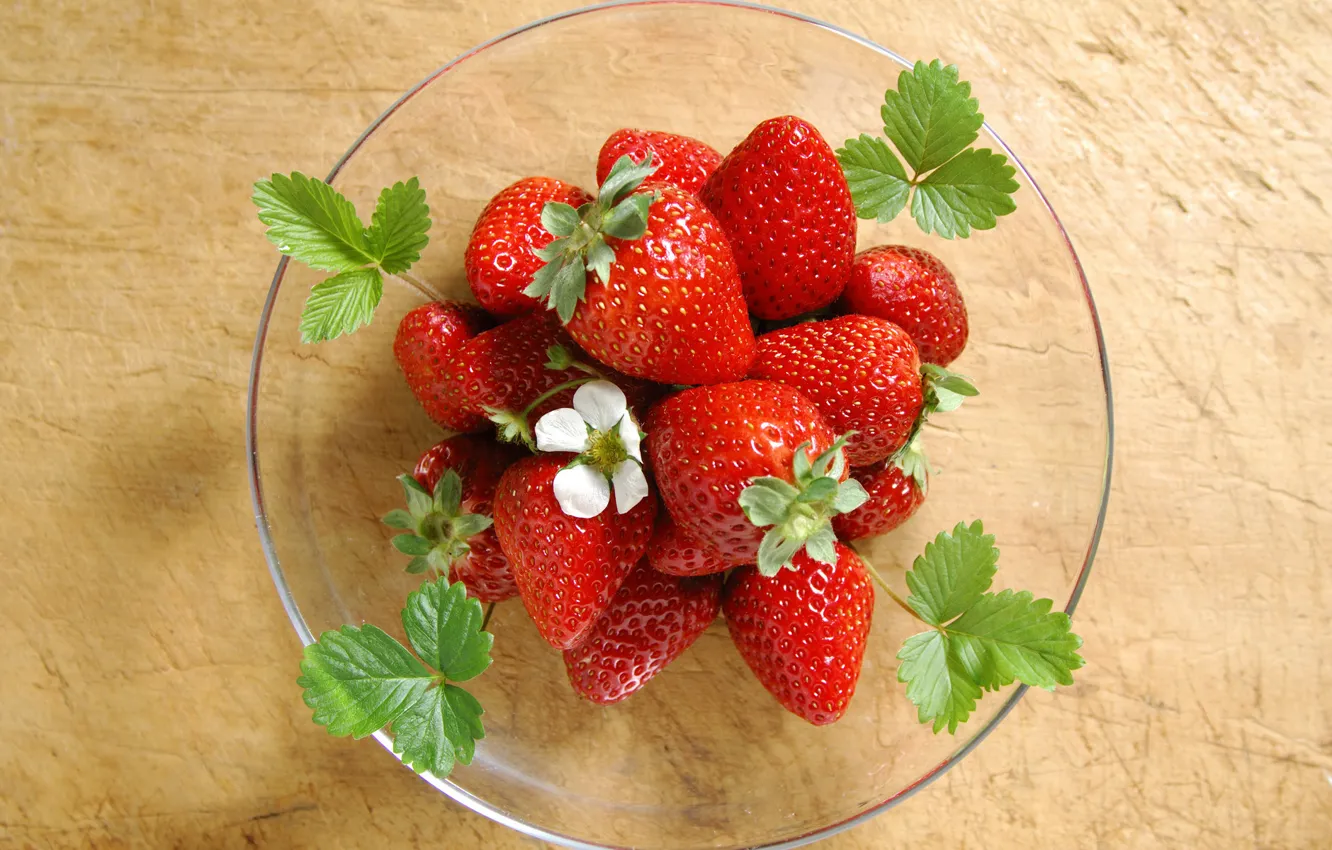 Photo wallpaper strawberry, strawberry, plate, leaves, flowers, delicious, 1920x1200