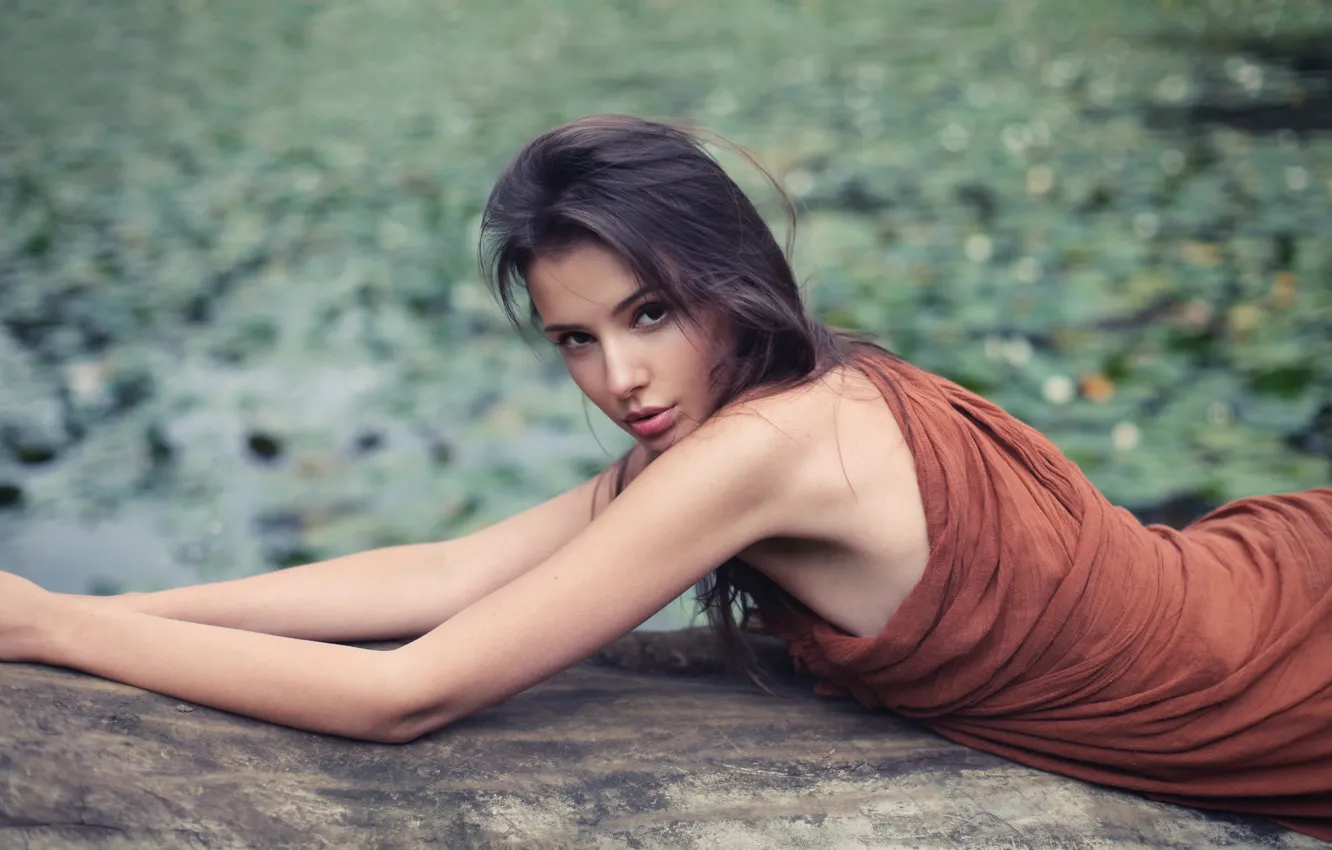 Photo wallpaper girl, dress, photo, model, lips, brunette, portrait, mouth