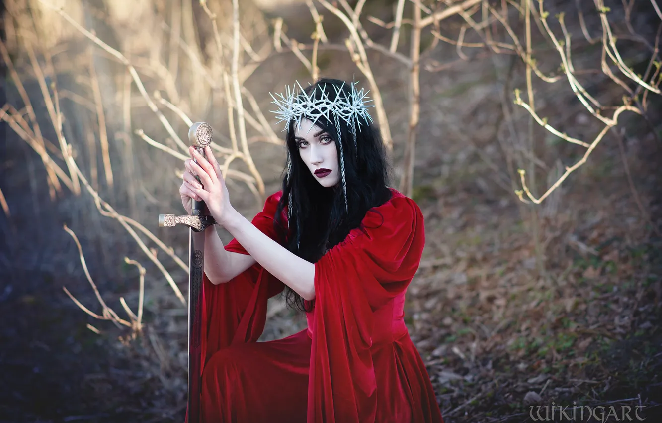 Photo wallpaper look, girl, branches, nature, pose, style, glade, sword