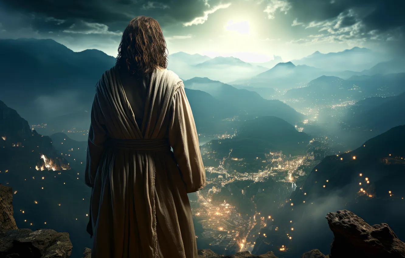 Photo wallpaper mountains, Jesus, back, male, religion, settlement, Jesus Christ, digital art
