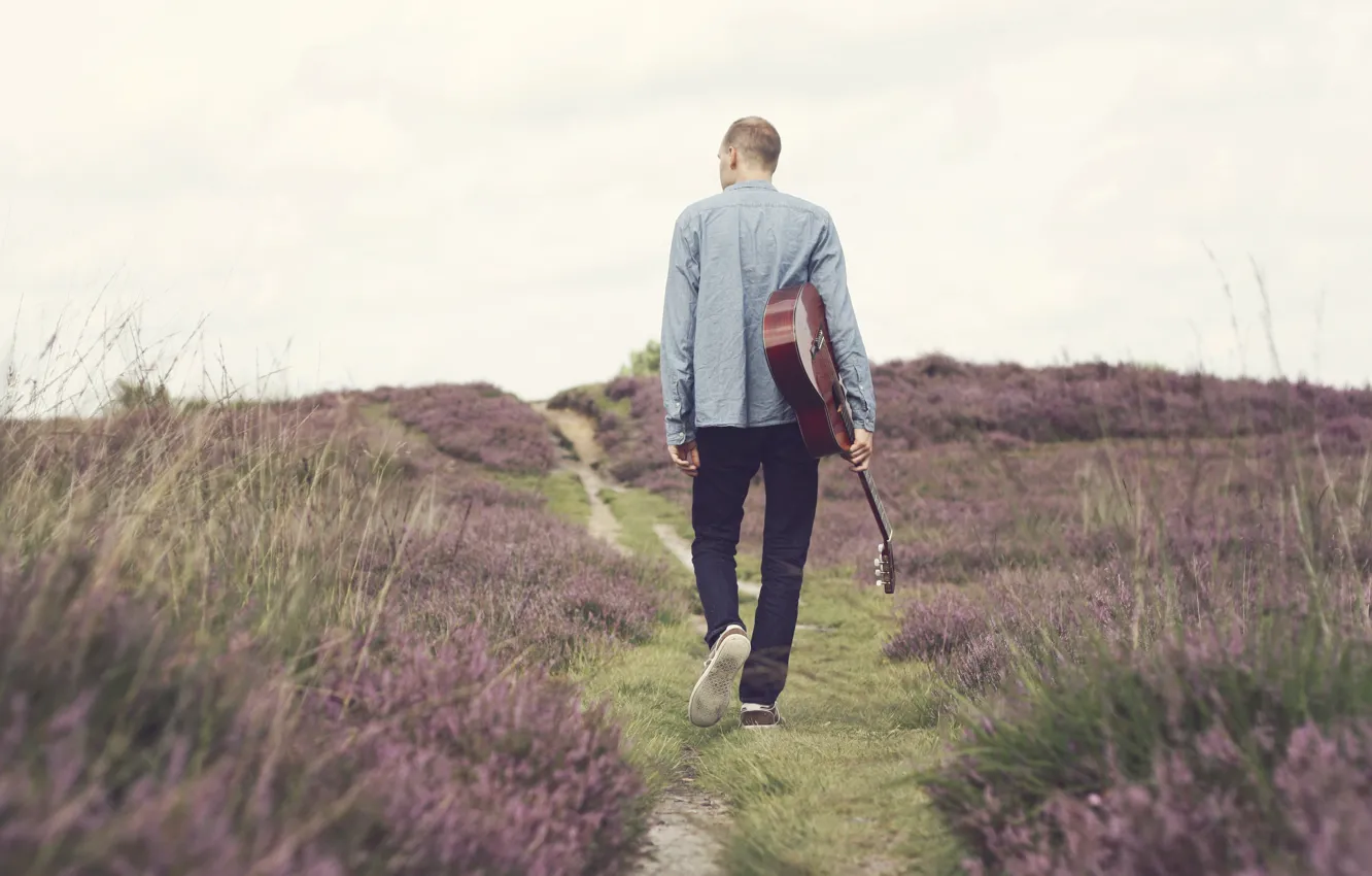 Photo wallpaper music, guitar, flowers, man, path, walking