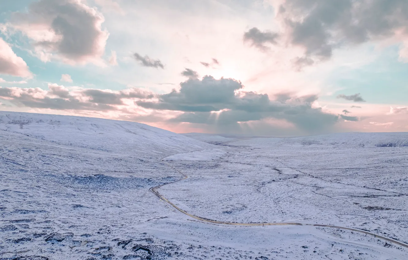 Photo wallpaper road, the sun, rays, snow, nature, cover