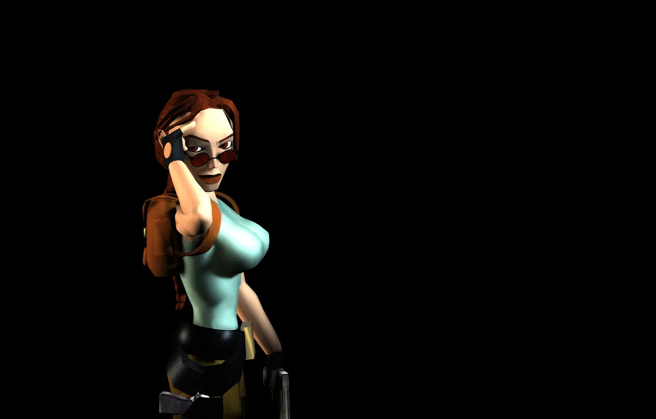 Photo wallpaper chest, look, girl, weapons, guns, glasses, Tomb Raider, Lara Croft
