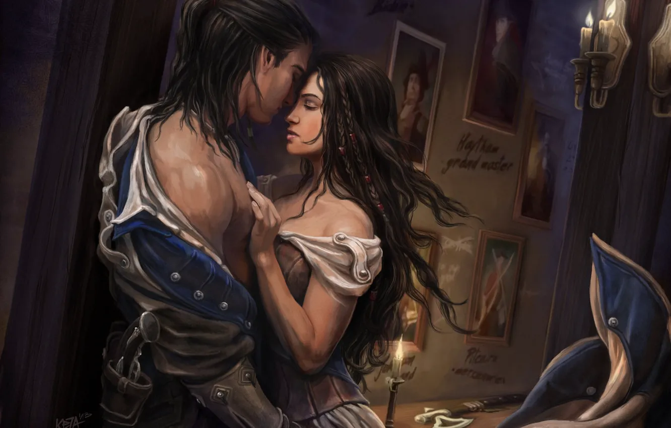 Photo wallpaper girl, room, candles, art, hugs, pictures, guy, Assassins Creed 3