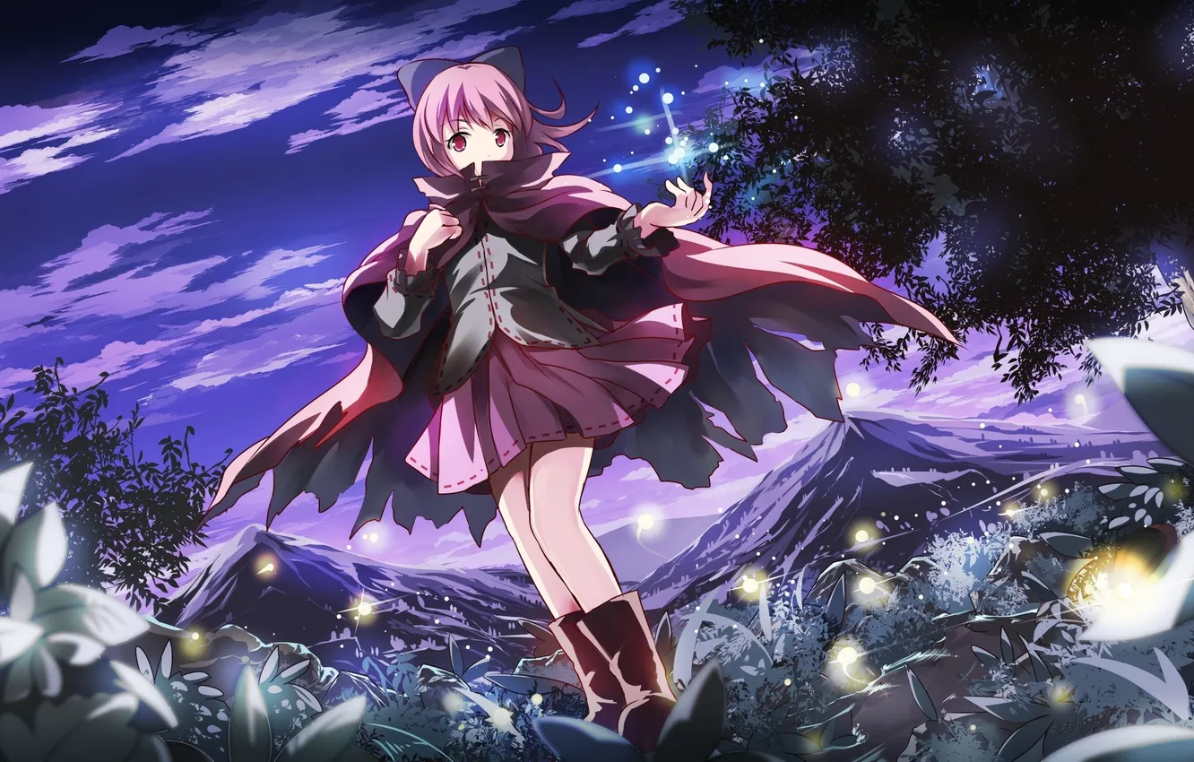 Photo wallpaper the sky, girl, stars, clouds, trees, mountains, night, fireflies