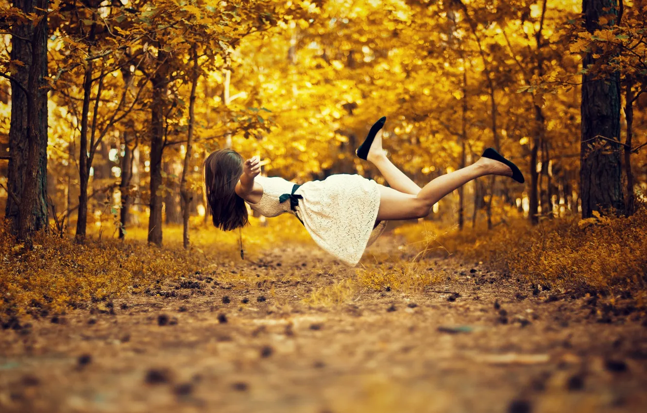 Photo wallpaper autumn, forest, girl, trees, brown hair, levitation