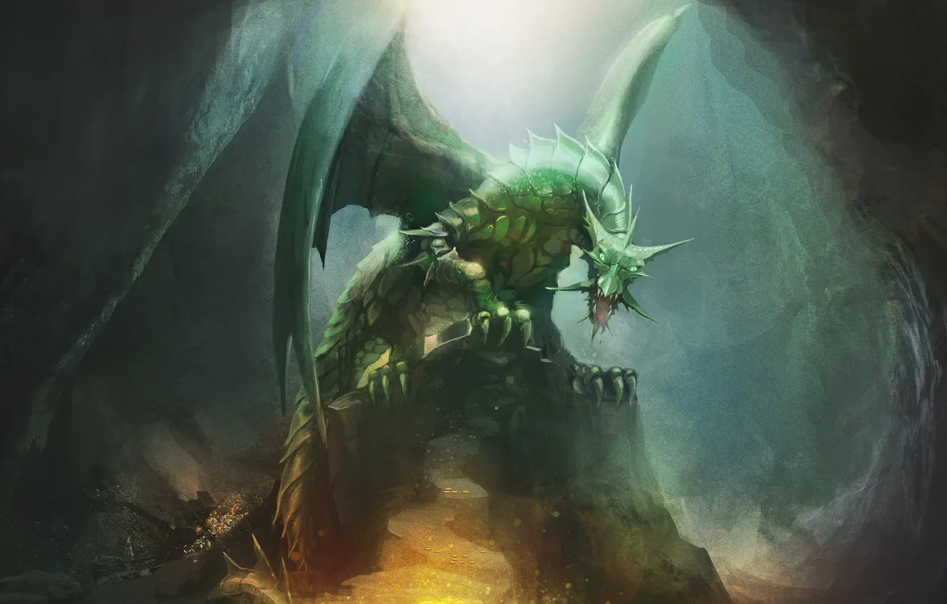 Photo wallpaper look, fiction, wings, art, mouth, claws, green dragon