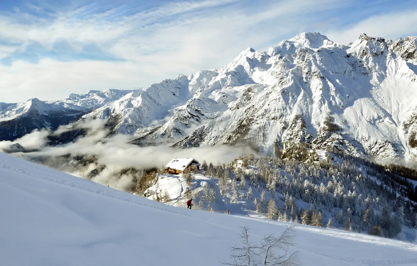 Photo wallpaper snow, mountains, nature, stay, the descent, tree, home, skier