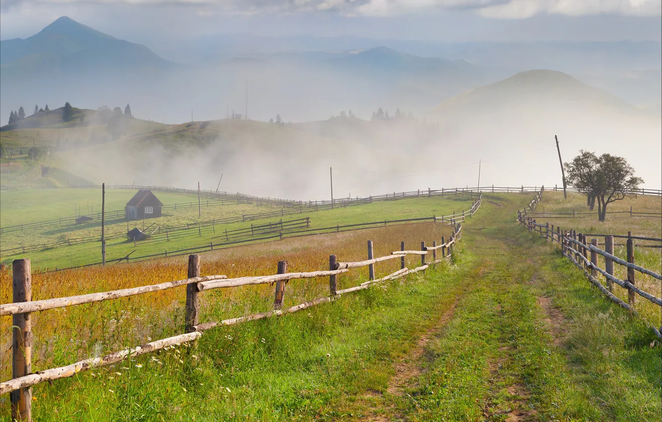 Photo wallpaper nature, hills, home, fence