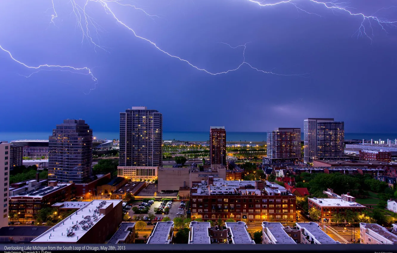 Photo wallpaper Chicago, Lightning, Skyline