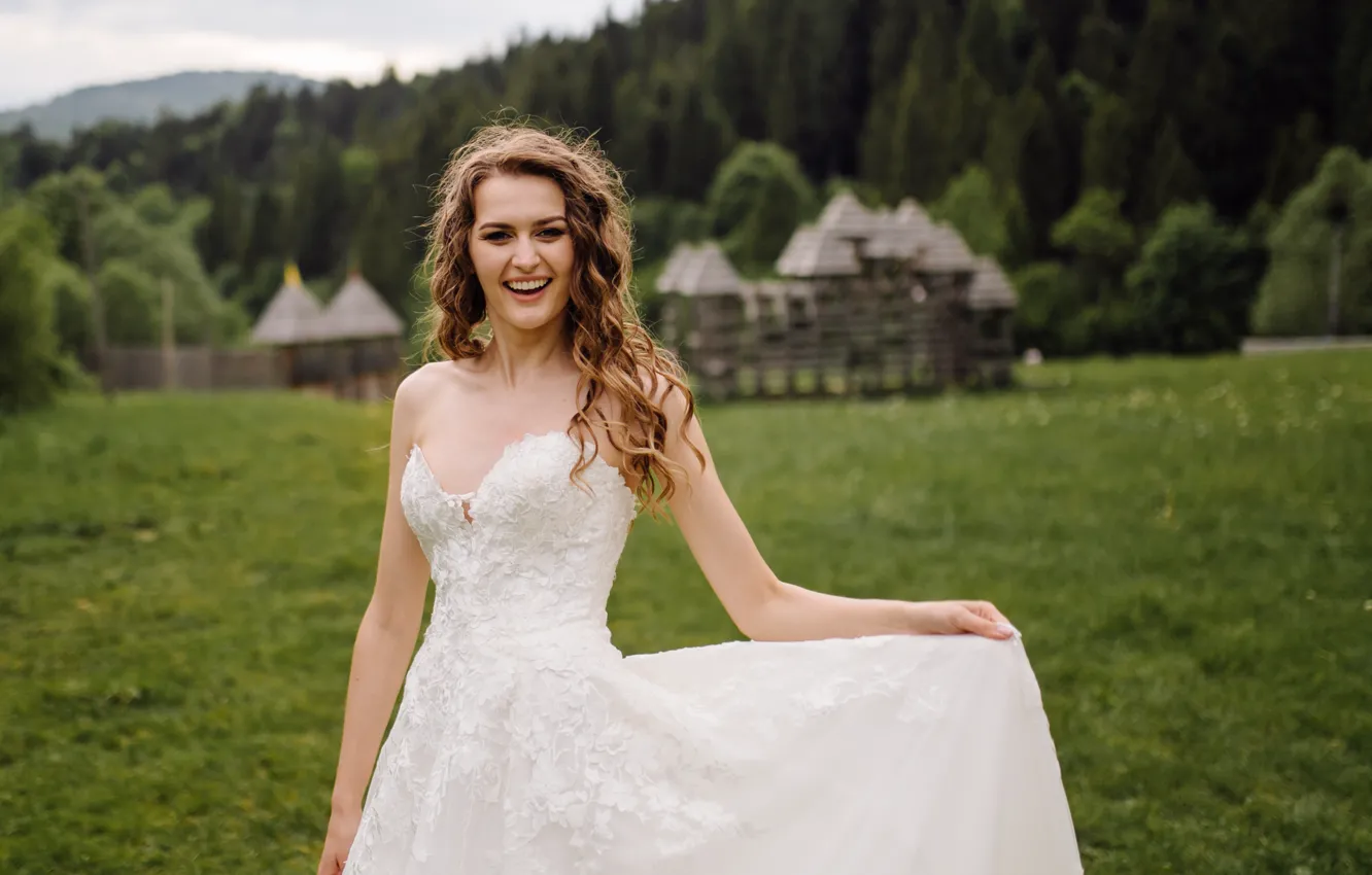 Photo wallpaper greens, field, forest, white, summer, grass, girl, happiness