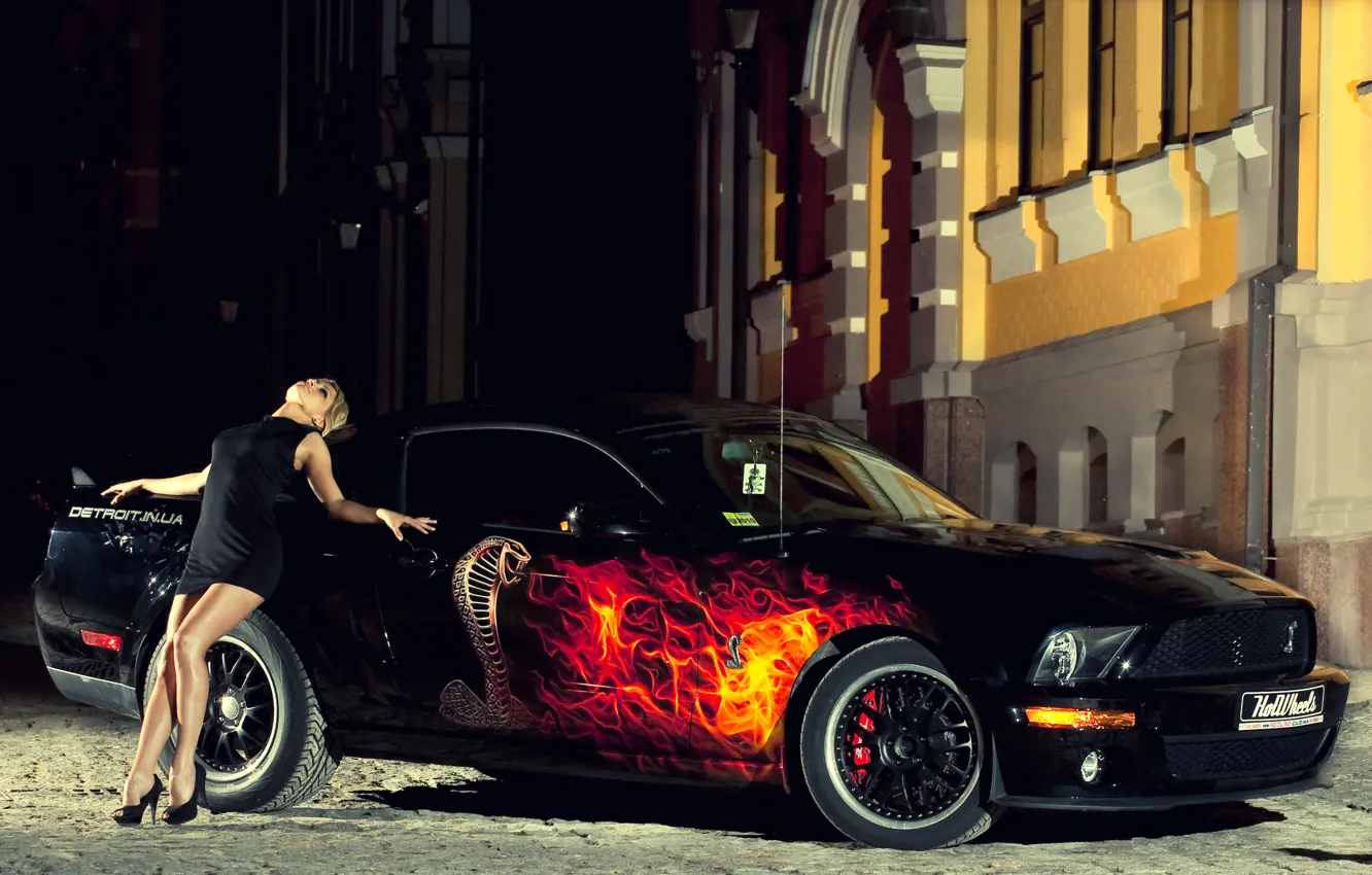 Photo wallpaper auto, girl, night, mustang, ford