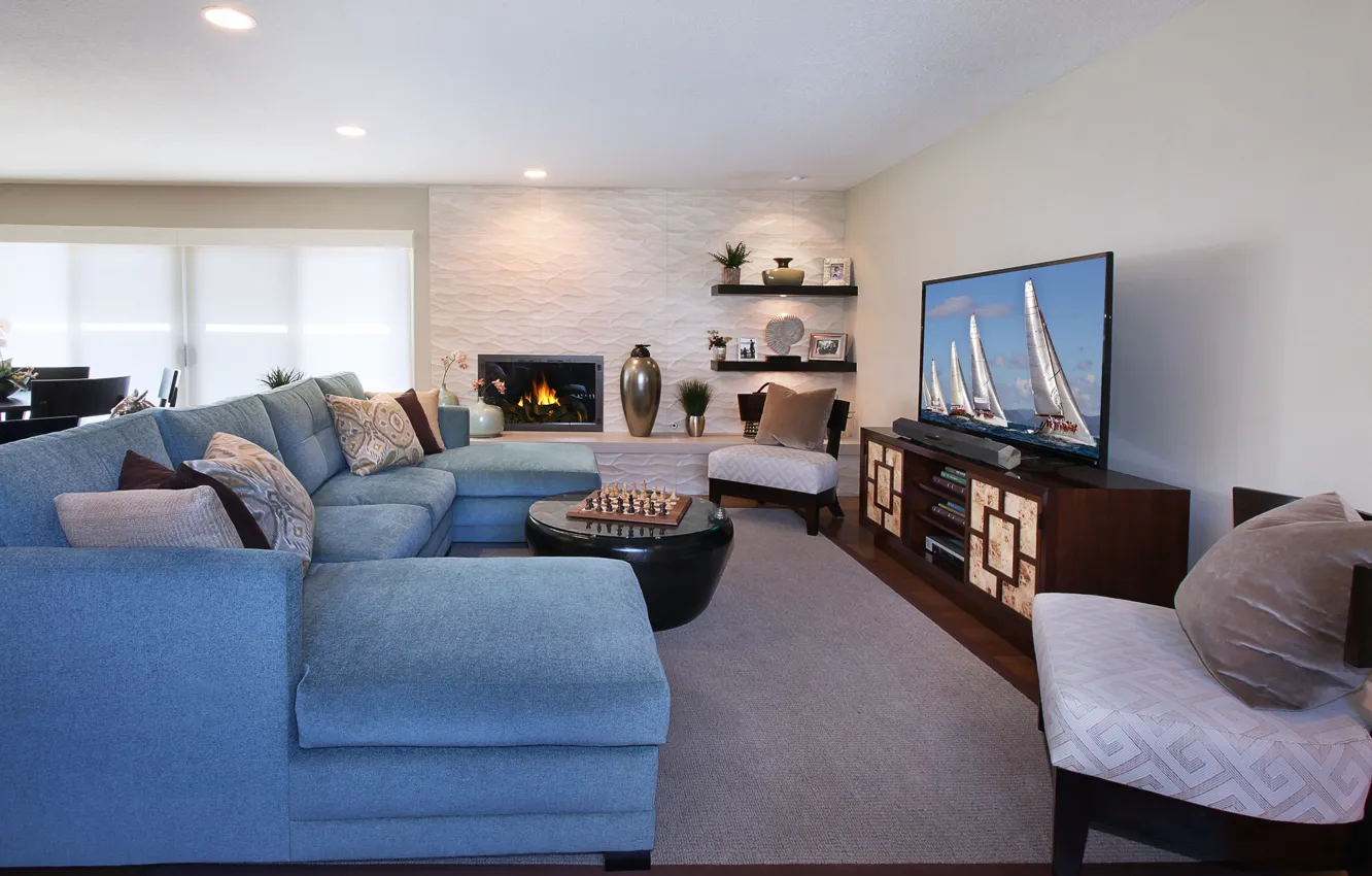 Photo wallpaper design, style, sofa, TV, fireplace, living room