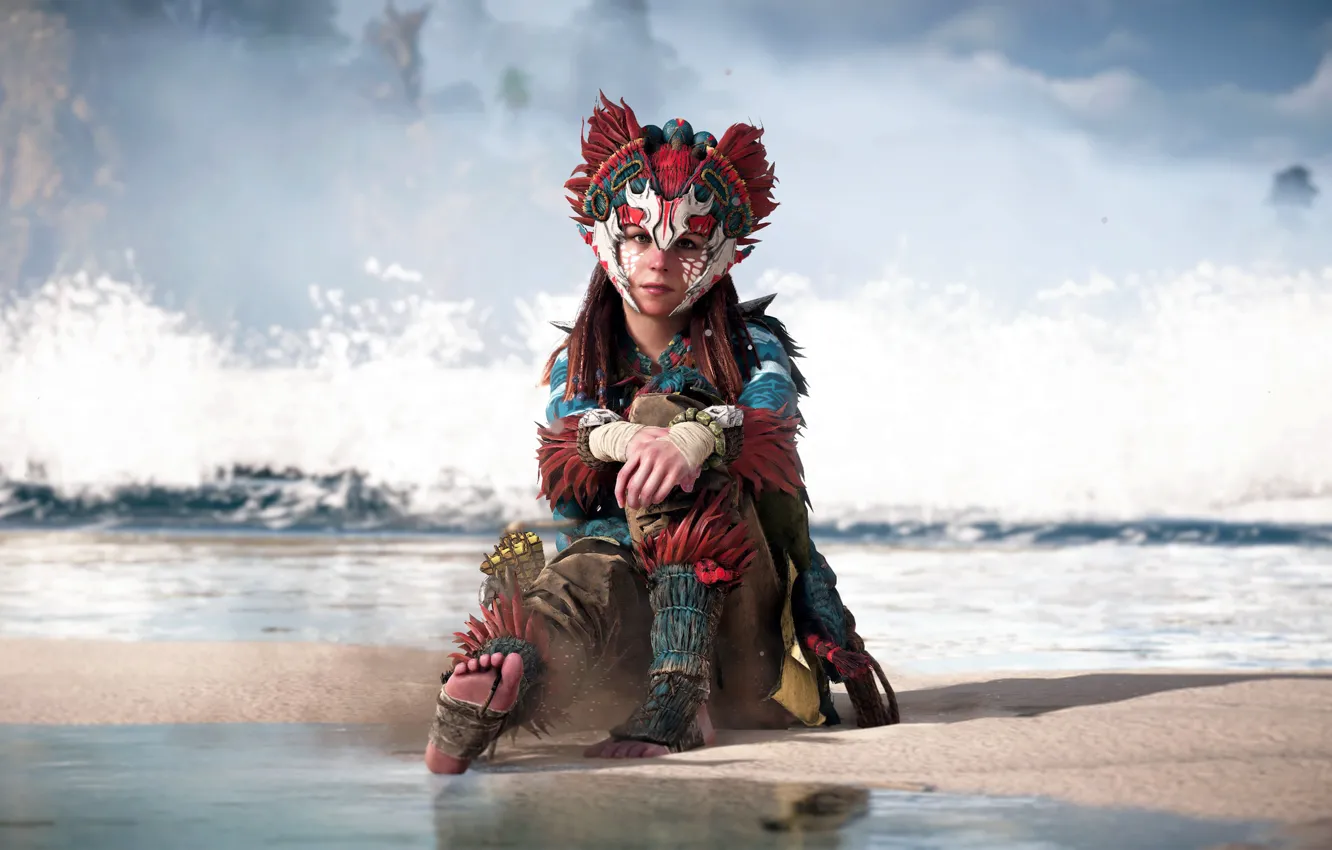 Photo wallpaper sand, water, girl, pose, shore, the game, game, character