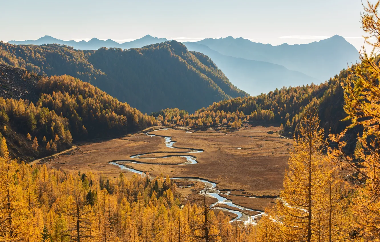 Photo wallpaper autumn, forest, the sky, the sun, trees, mountains, river, valley
