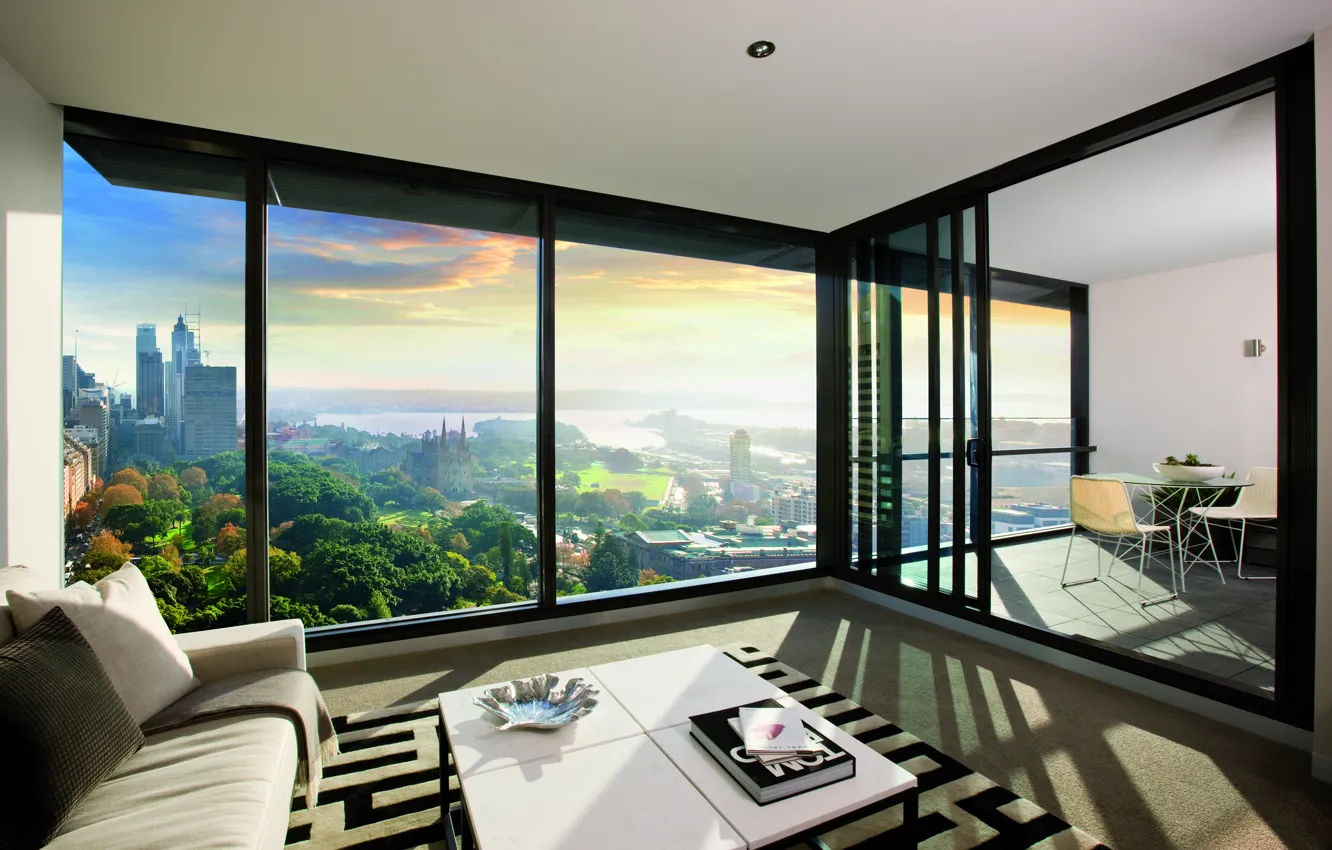 Photo wallpaper the city, table, room, sofa, chair, window, book, apartment