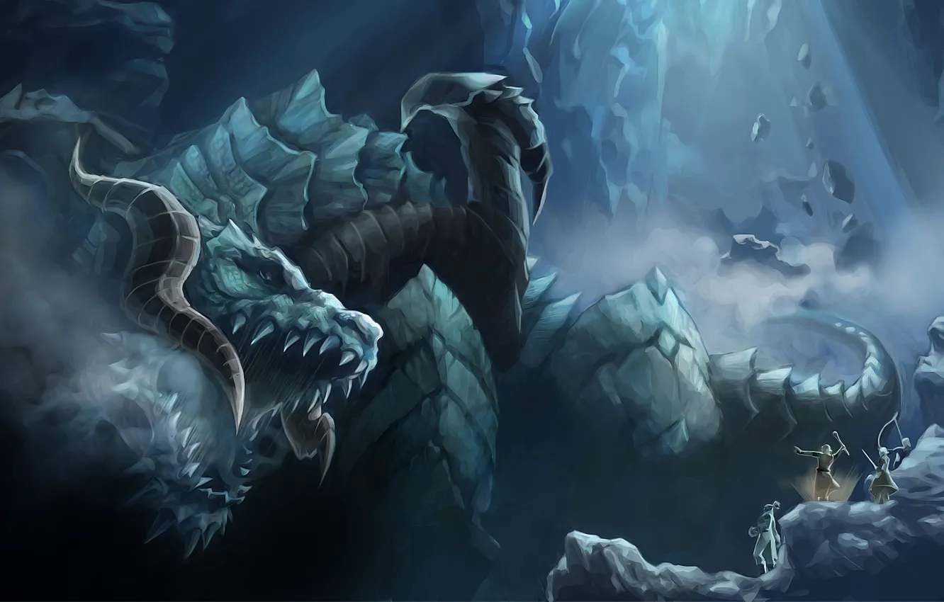 Photo wallpaper mountains, stones, dragon, head, elves, mouth, fangs, lineage 2