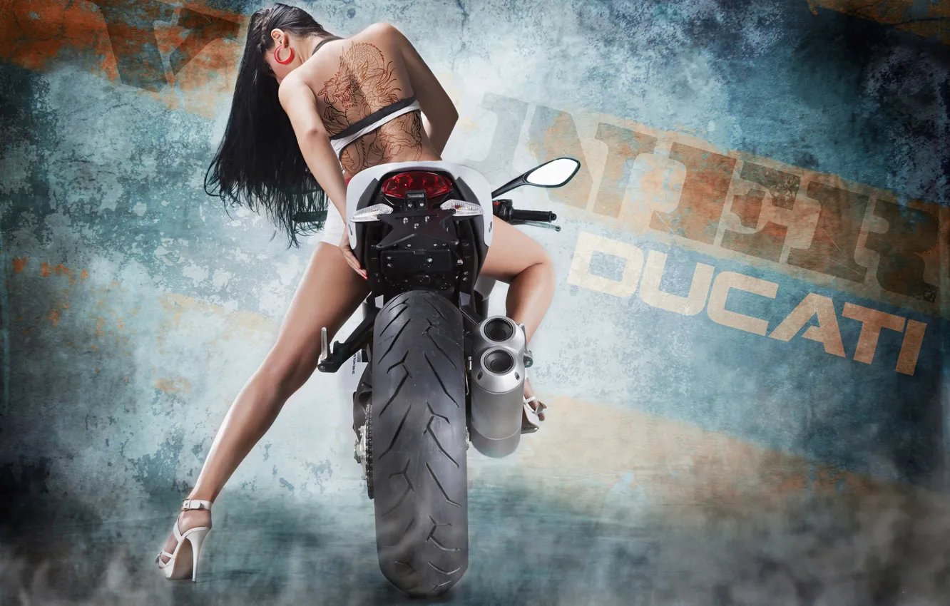 Photo wallpaper girl, motorcycle, tattoo, bike, Ducati, moto, monster, bike