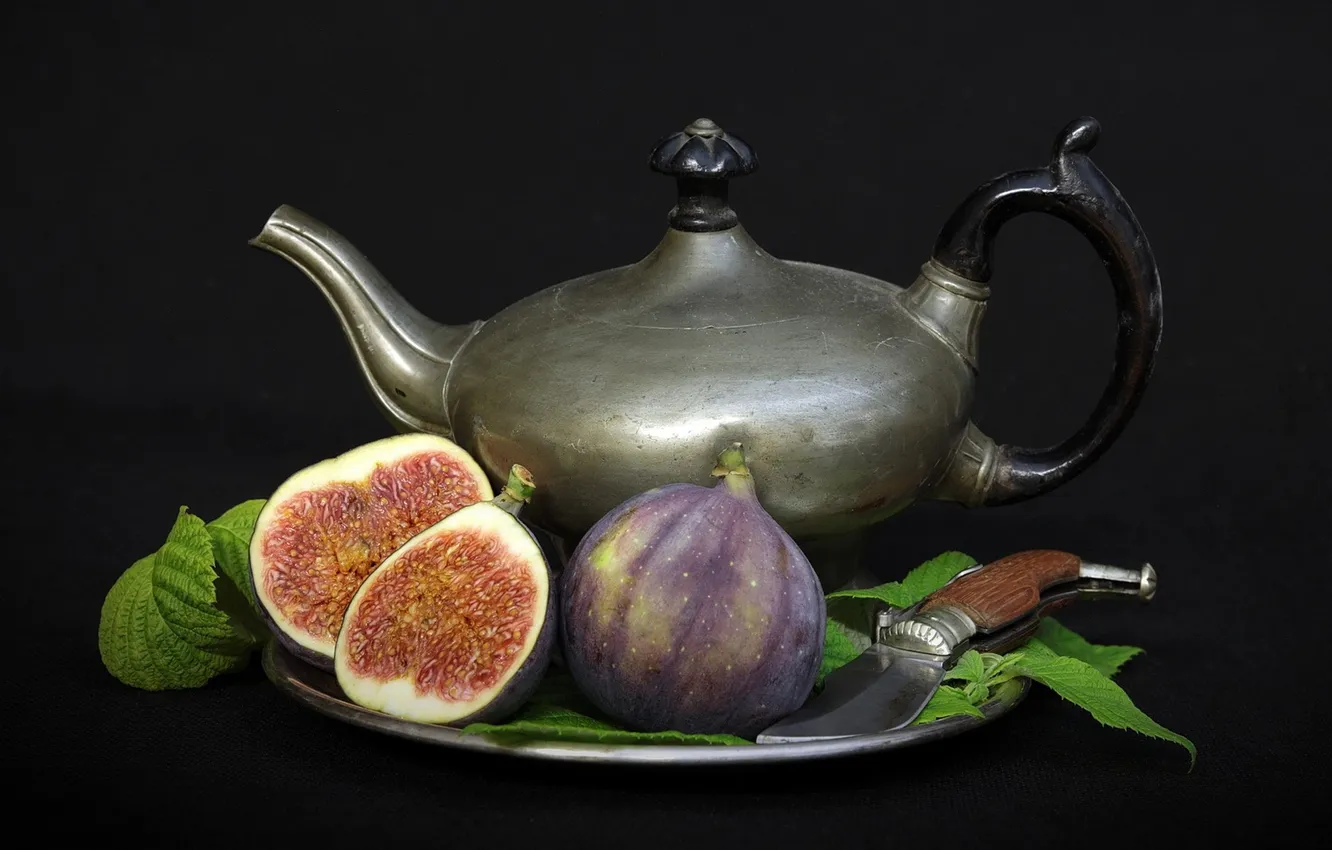 Photo wallpaper autumn, kettle, knife, still life, figs