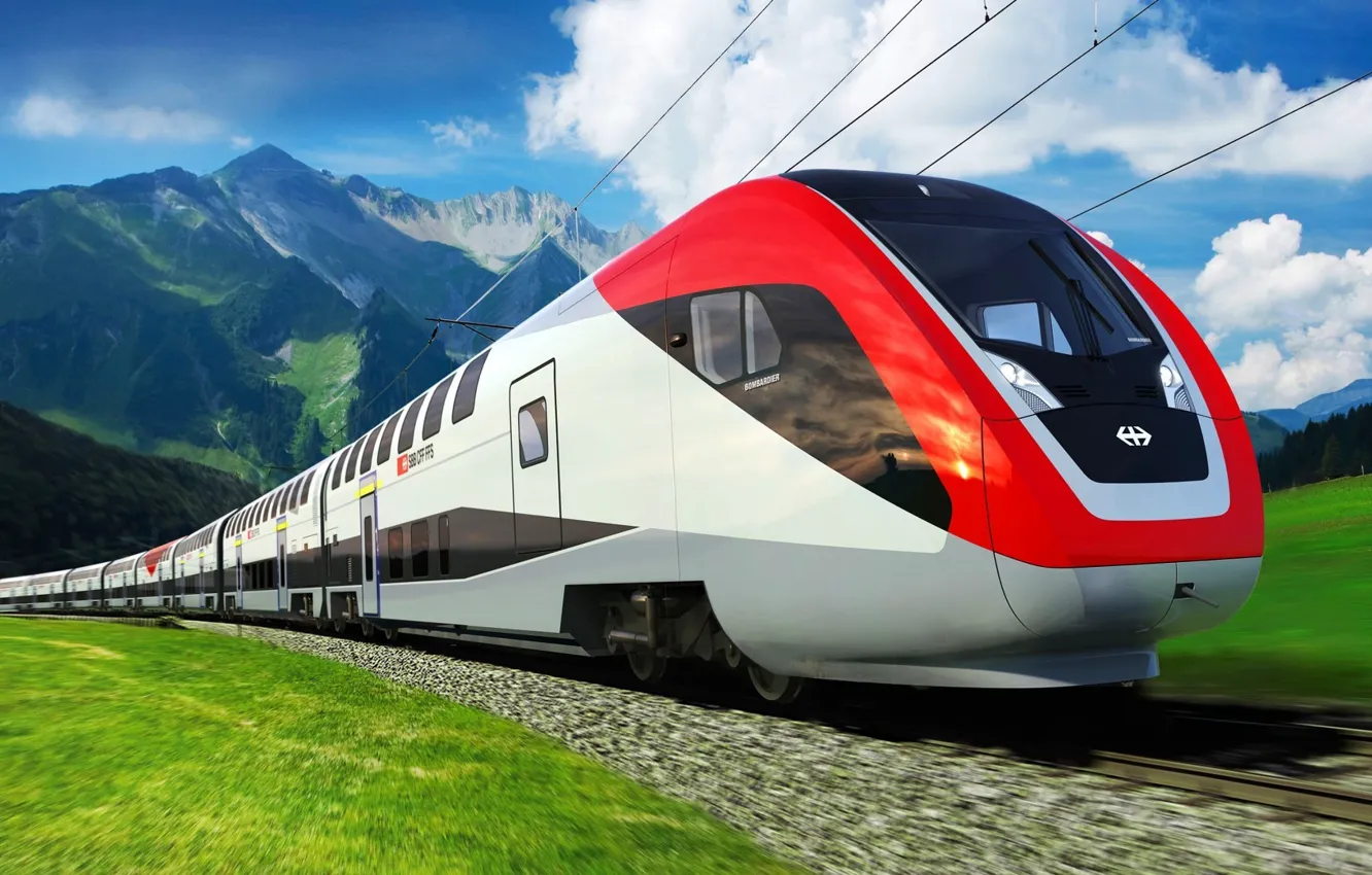 Photo wallpaper the sky, clouds, mountains, rails, speed, cars, Train