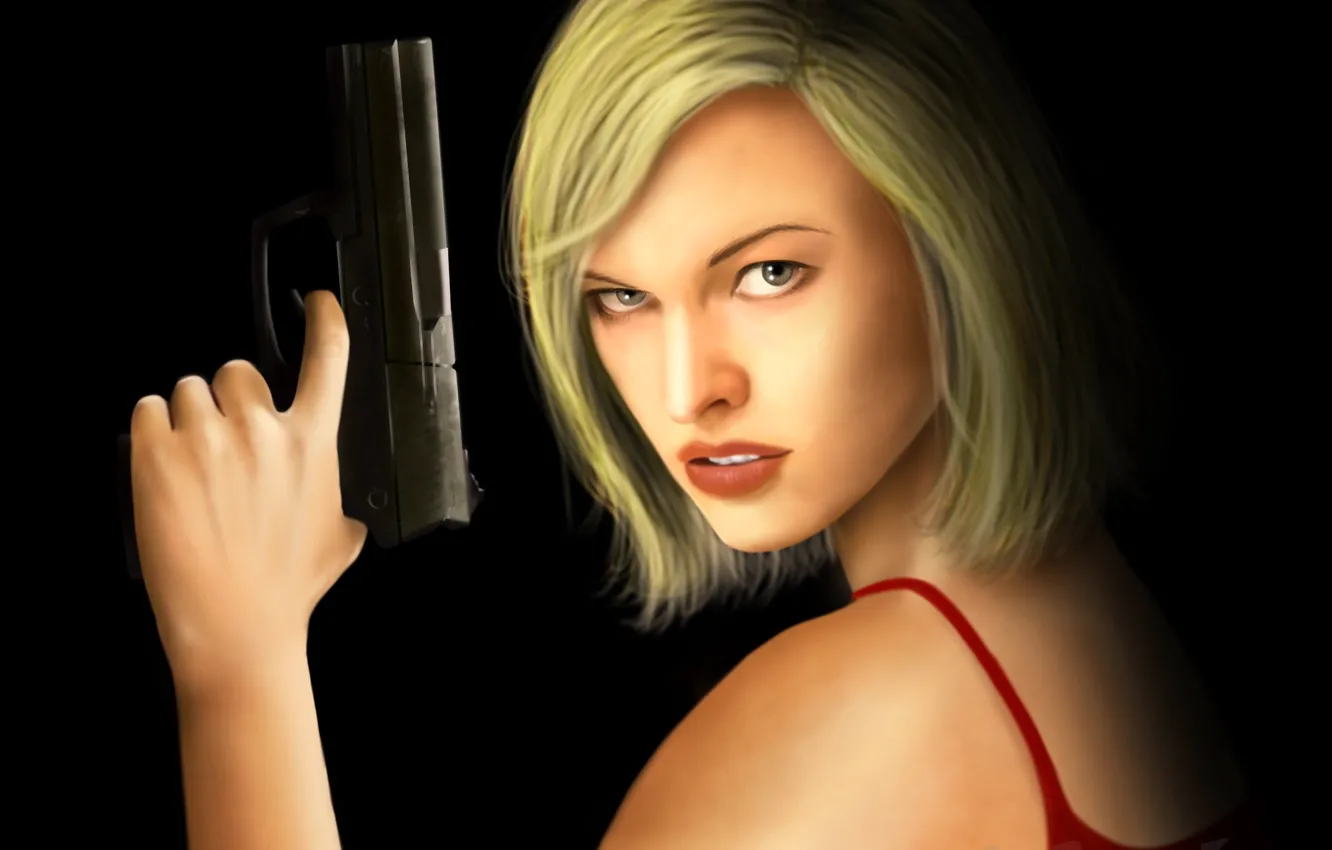 Photo wallpaper look, girl, gun, haircut, black background, Resident Evil, Milla Jovovich, Alice