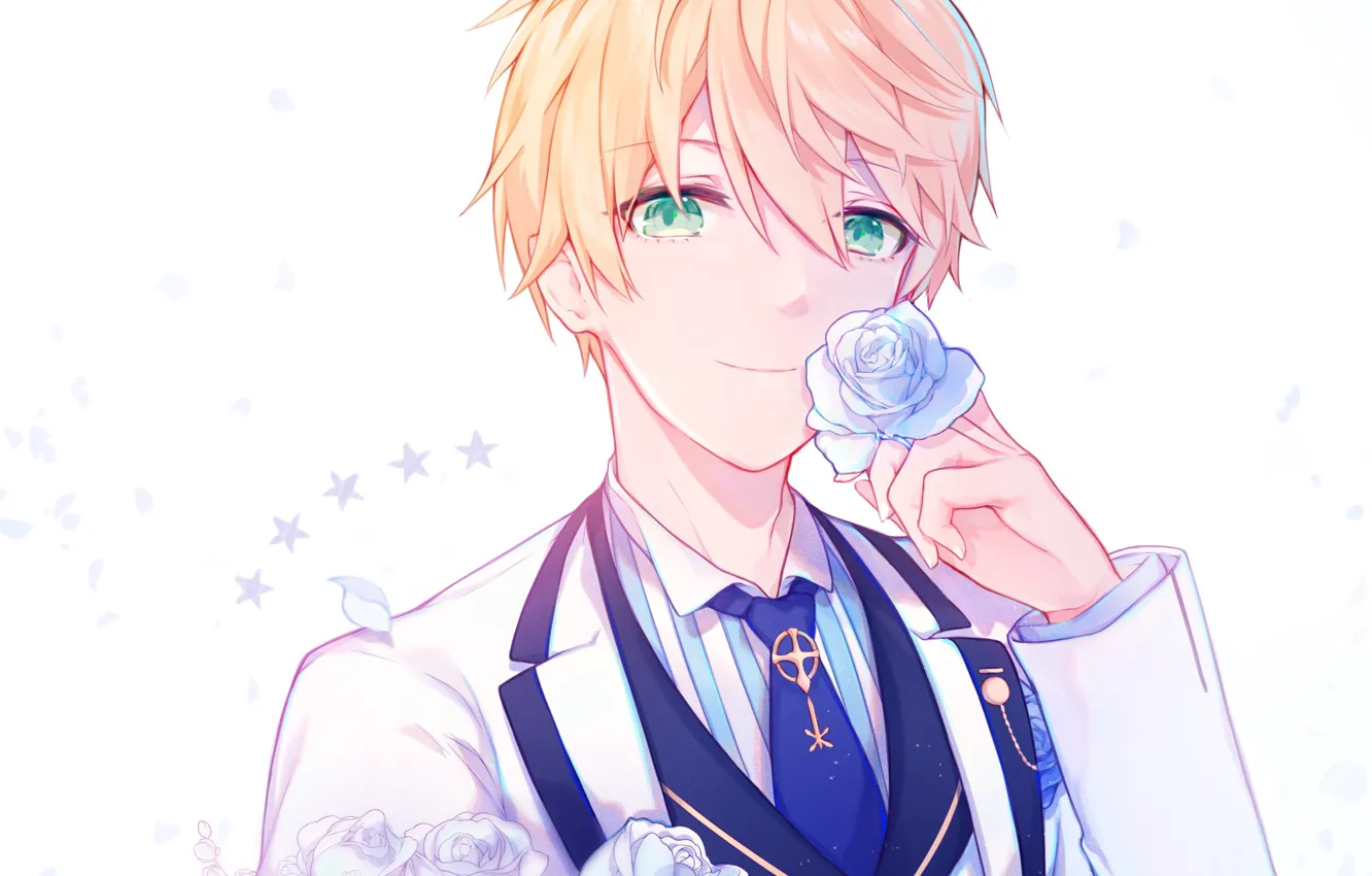 Photo wallpaper flowers, bouquet, guy, white roses, Saber, Fate Prototype
