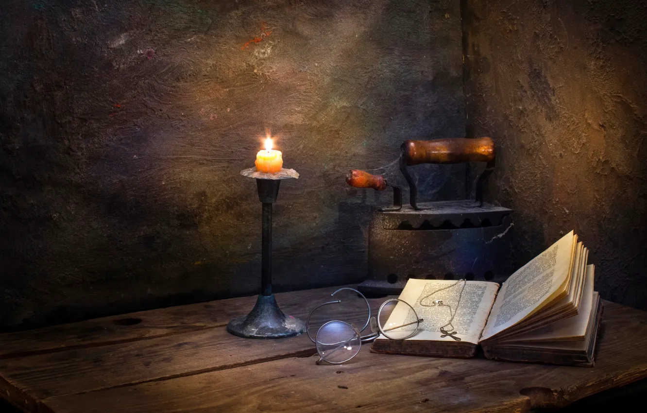 Photo wallpaper candle, glasses, book, cross, iron, Seclusion