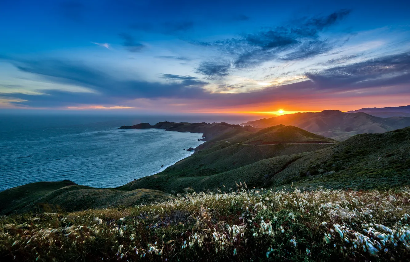 Photo wallpaper landscape, sunset, mountains, nature, the ocean, hills, USA, the Peninsula