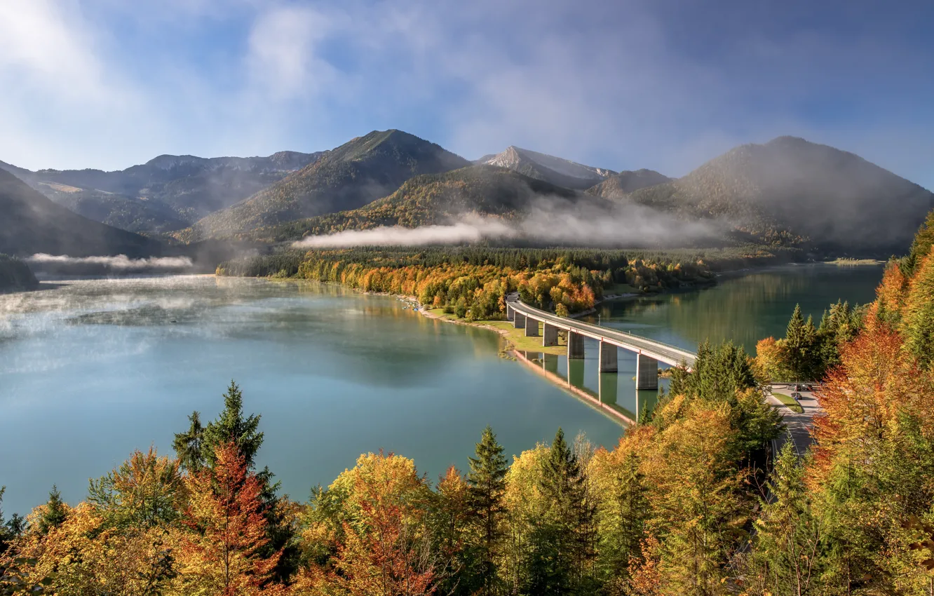 Photo wallpaper autumn, forest, trees, mountains, bridge, lake, Germany, Bayern