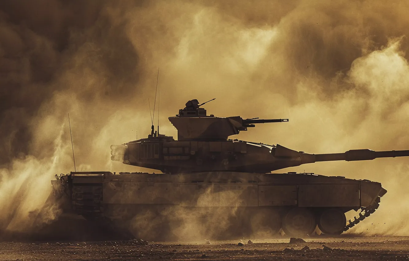 Photo wallpaper sand, smoke, dust, tank, side, digital art, AI art, The Art of Artificial Intelligence