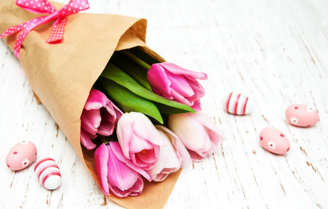 Photo wallpaper flowers, eggs, spring, colorful, Easter, tulips, wood, pink