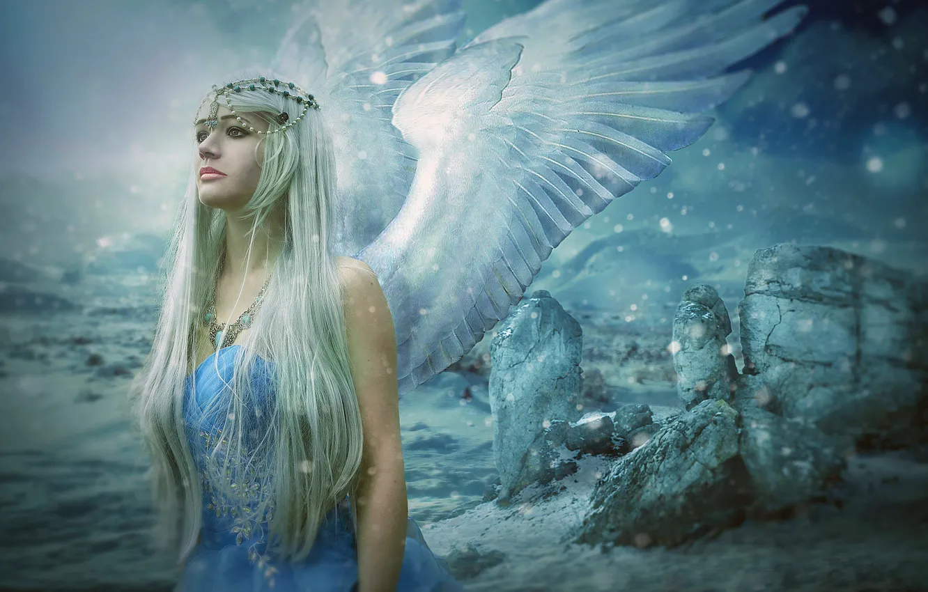 Photo wallpaper look, decoration, stones, hair, wings, angel, beauty, wings