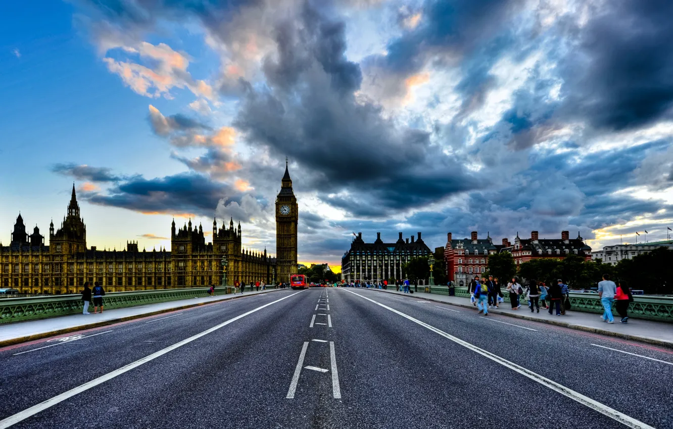 Photo wallpaper England, London, clouds, London, England, Big Ben, Westminster Palace, Houses of Parliament
