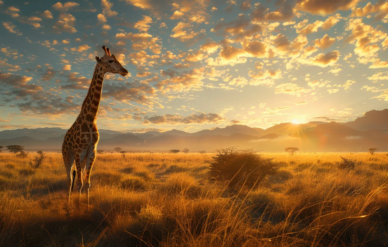 Photo wallpaper clouds, dawn, giraffe, Savannah, digital art, AI art, The Art of Artificial Intelligence, neural network