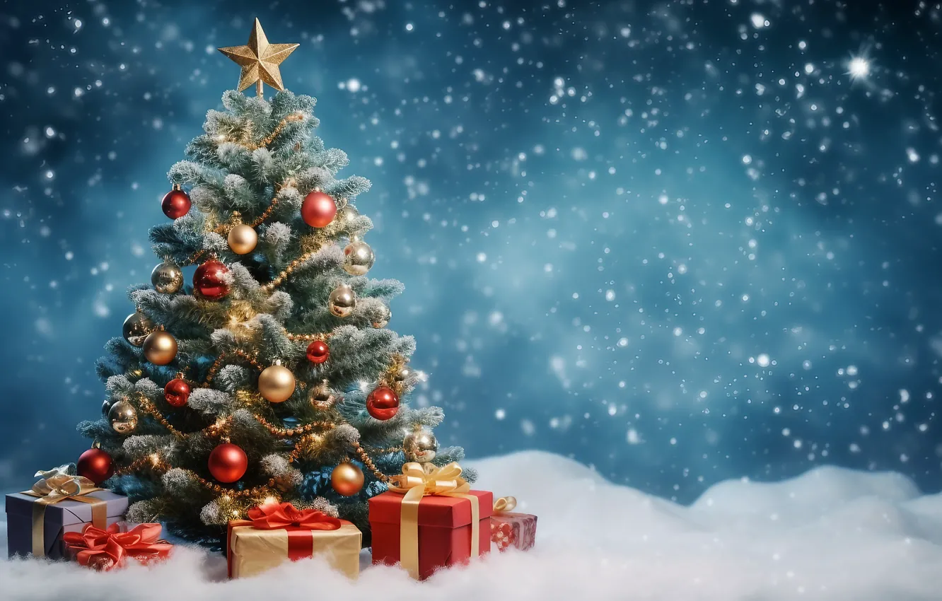 Photo wallpaper winter, forest, snow, decoration, night, lights, gift, tree