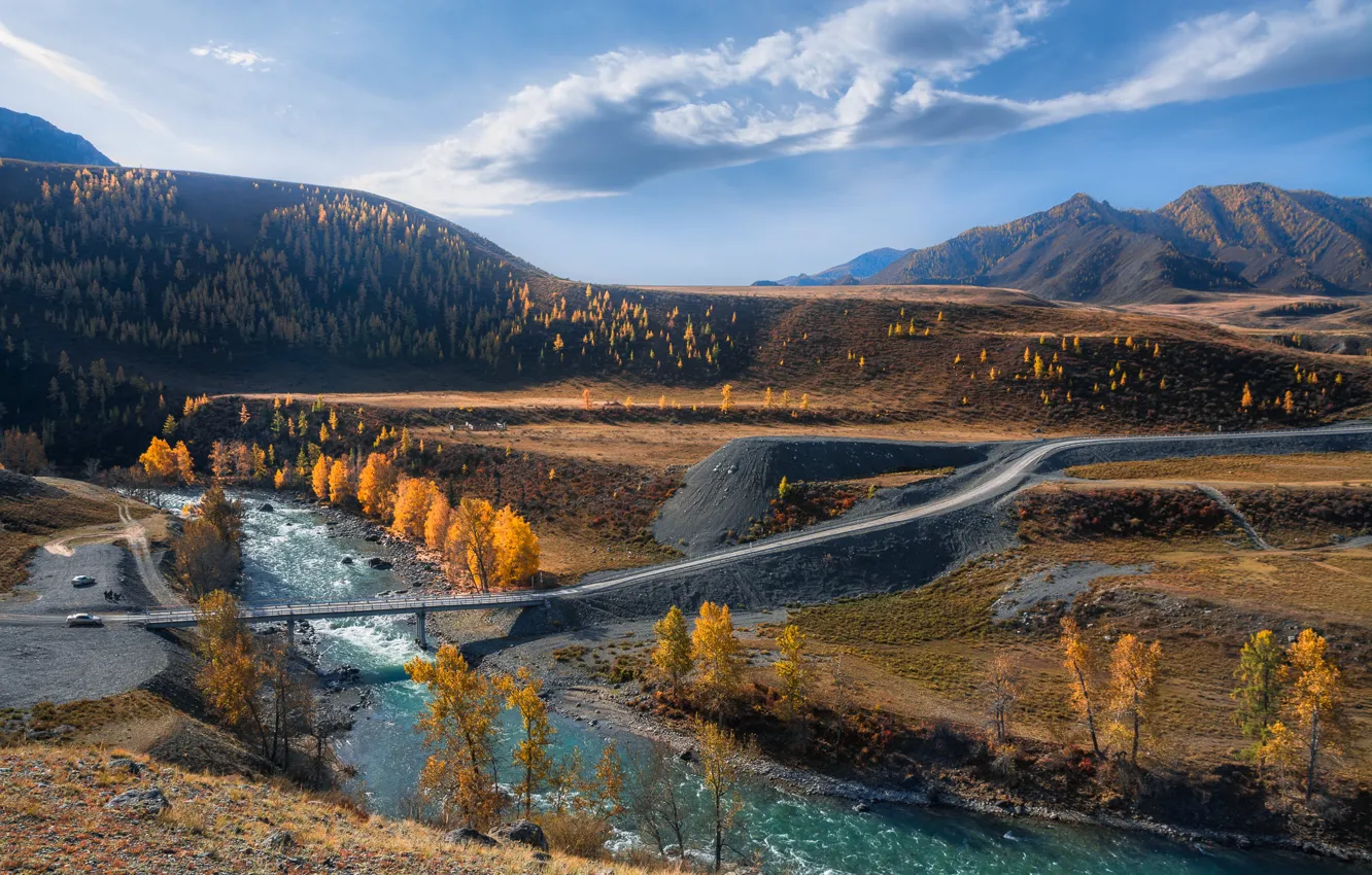 Photo wallpaper road, autumn, landscape, mountains, bridge, nature, river, Altay