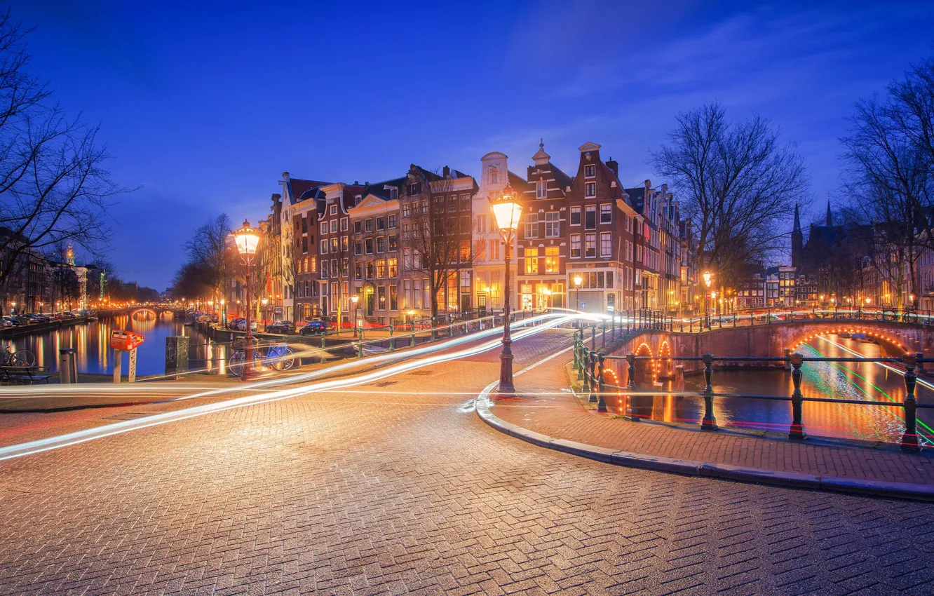 Photo wallpaper bridge, building, home, Amsterdam, lights, channel, Netherlands, night city