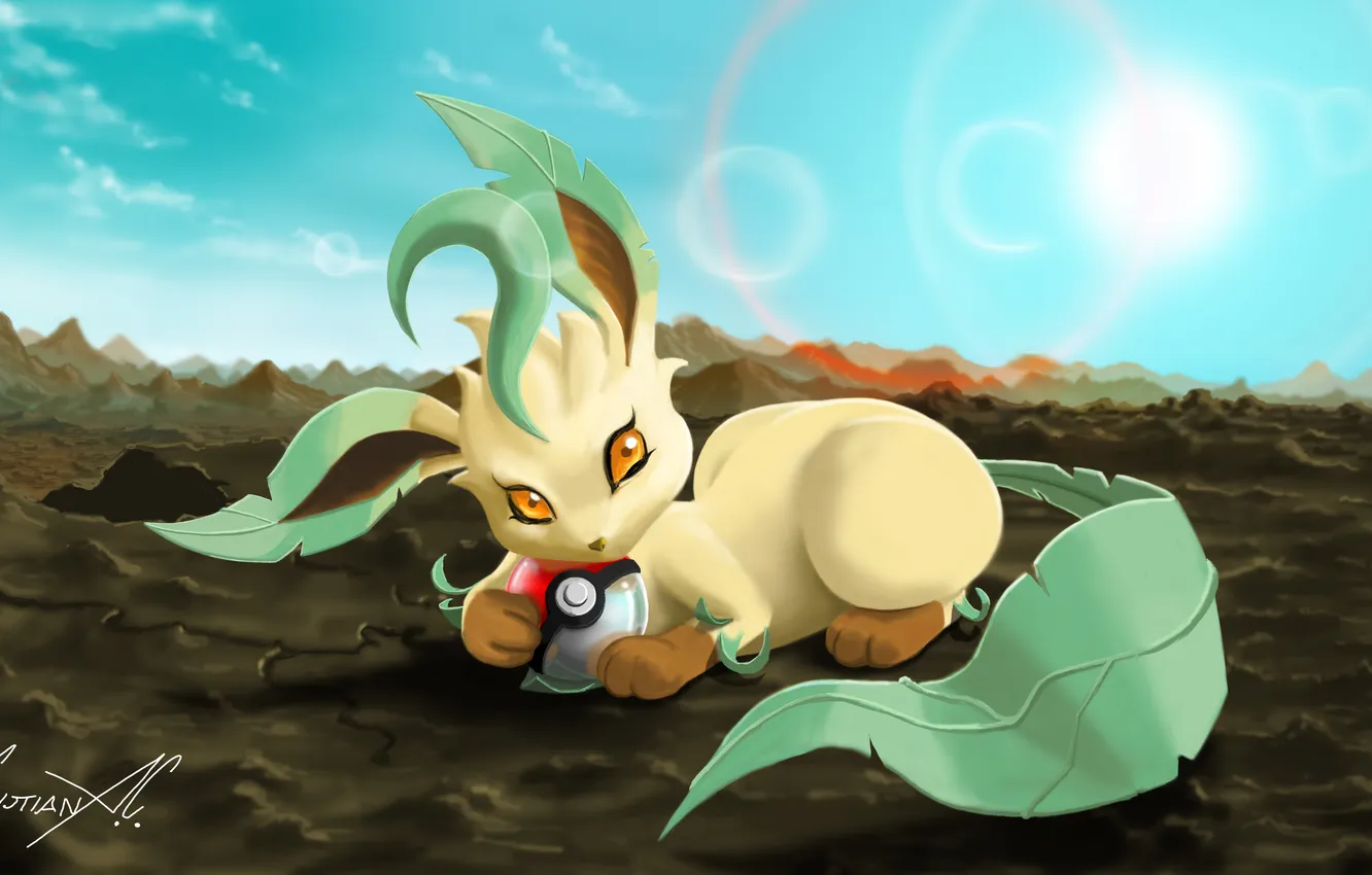 Photo wallpaper the sun, animal, earth, balls, lies, art, pokemon, Leafeon